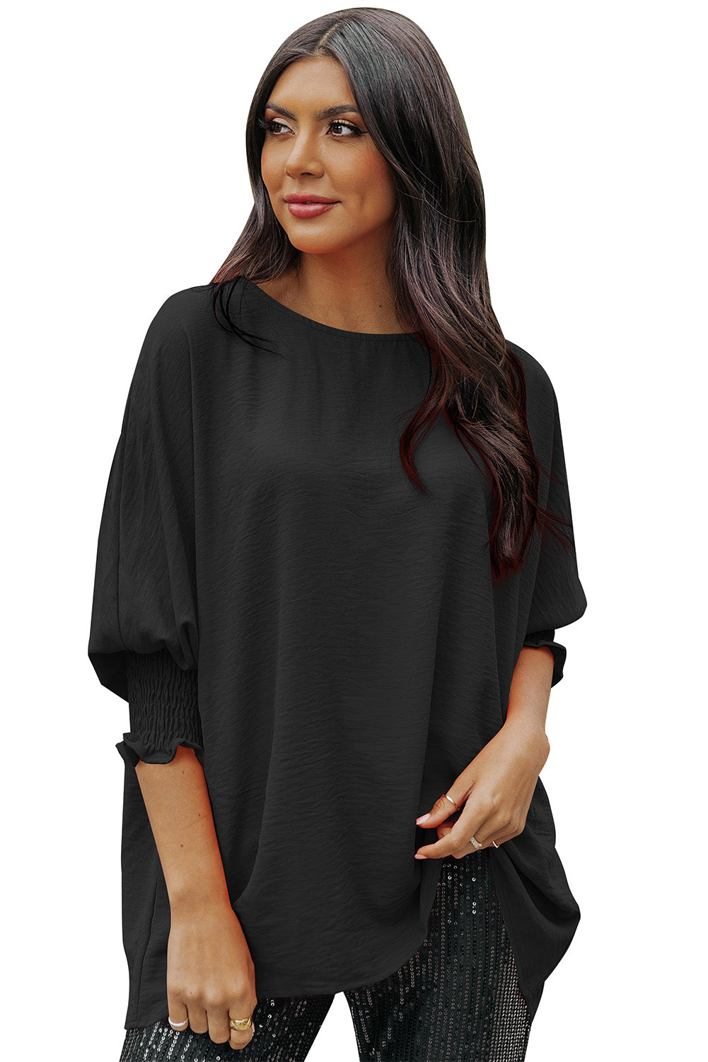 Solid Casual Smocked Cuffs Batwing Sleeve Blouse