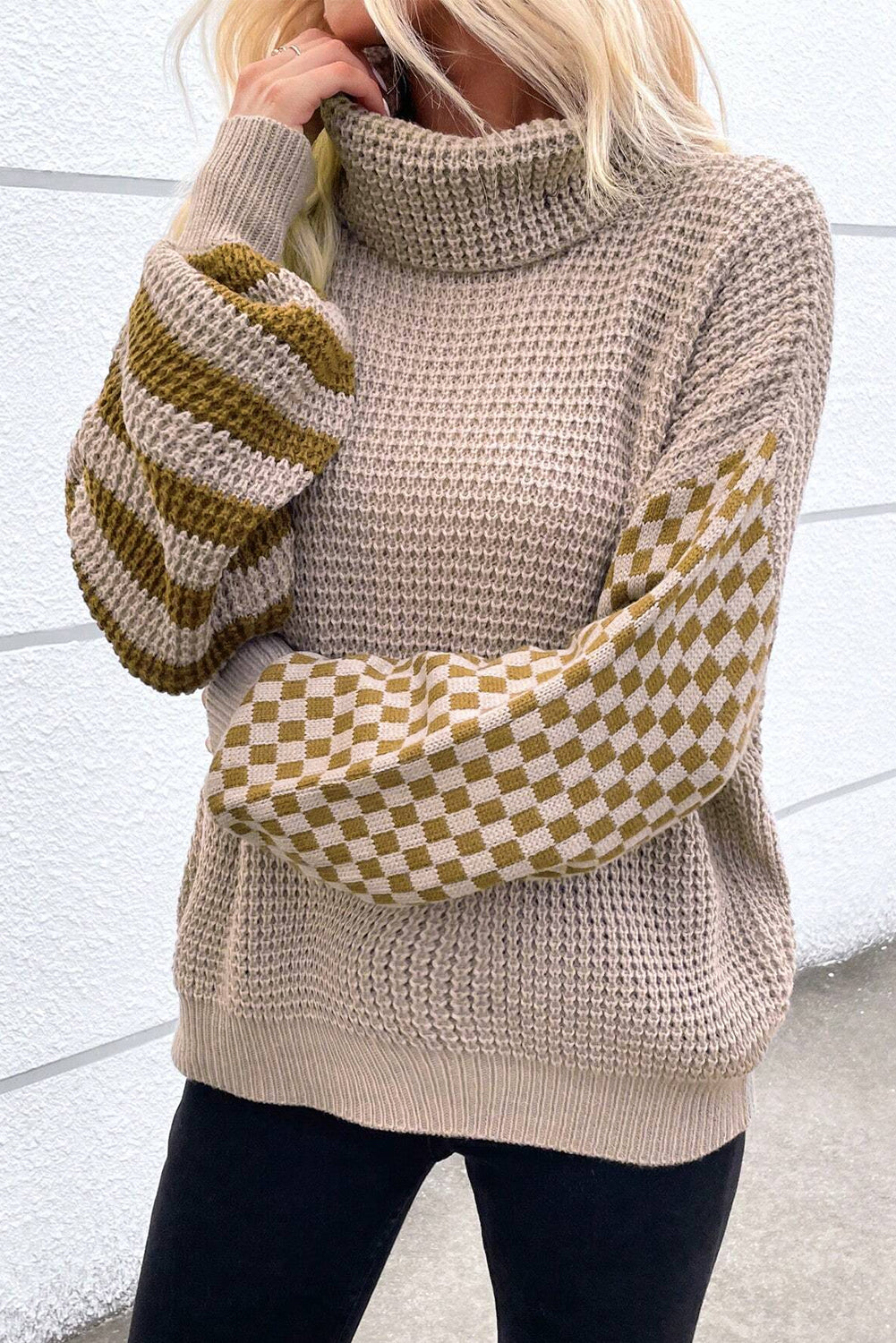 Patchwork Waffle Knit Turtleneck Sweater