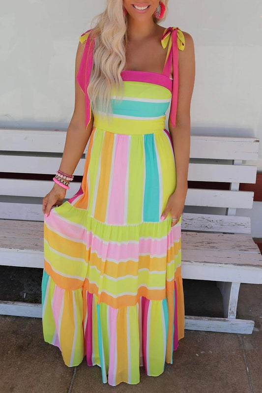 Multicolor Striped Bow Knot Straps Maxi Dress