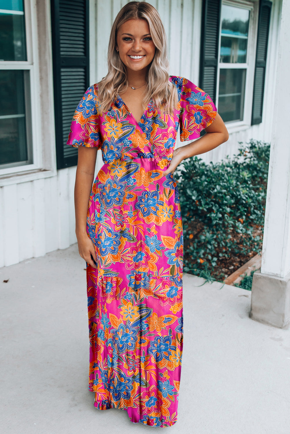 Botanic Print Wrap V Neck Short Sleeve Maxi Dress