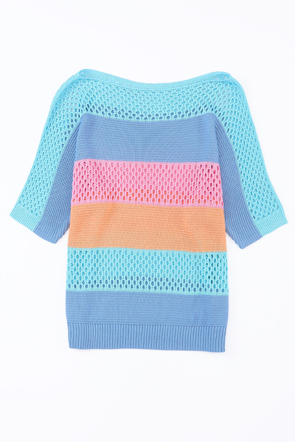 Knitted Eyelet Colorblock Striped Half Sleeves Top