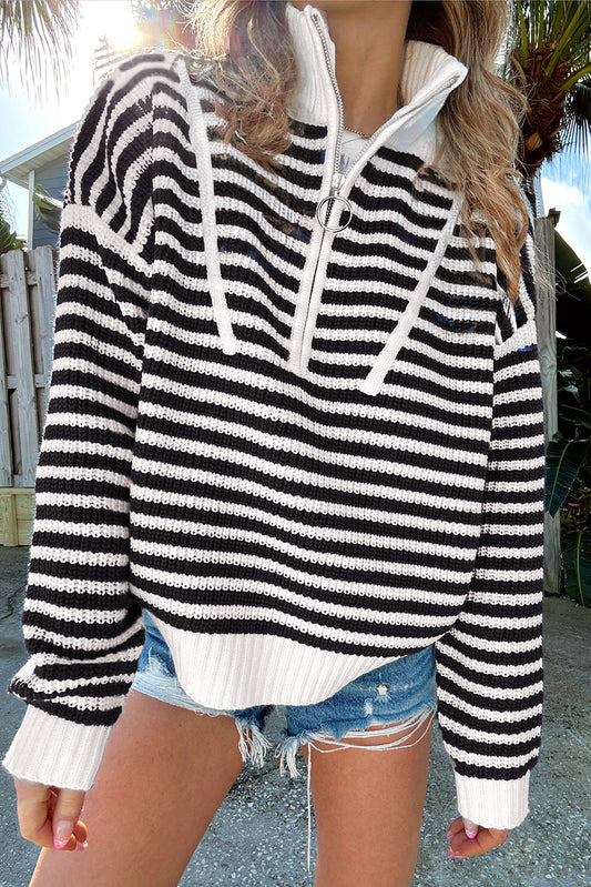 Stripe Zip Up Collar Sweater