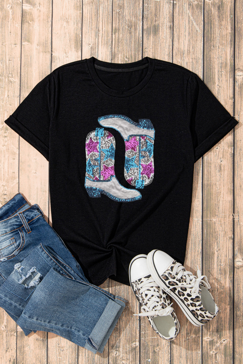 Sequin Boots Stars Graphic Round Neck T Shirt