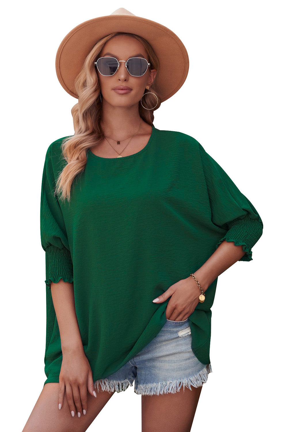 Solid Casual Smocked Cuffs Batwing Sleeve Blouse