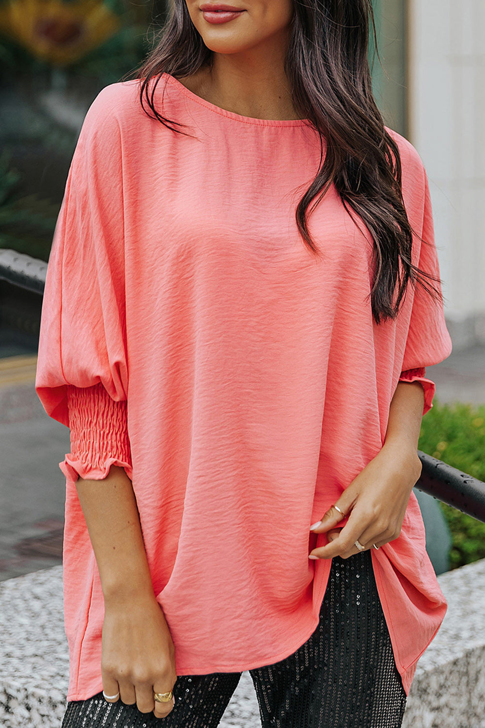 Solid Casual Smocked Cuffs Batwing Sleeve Blouse