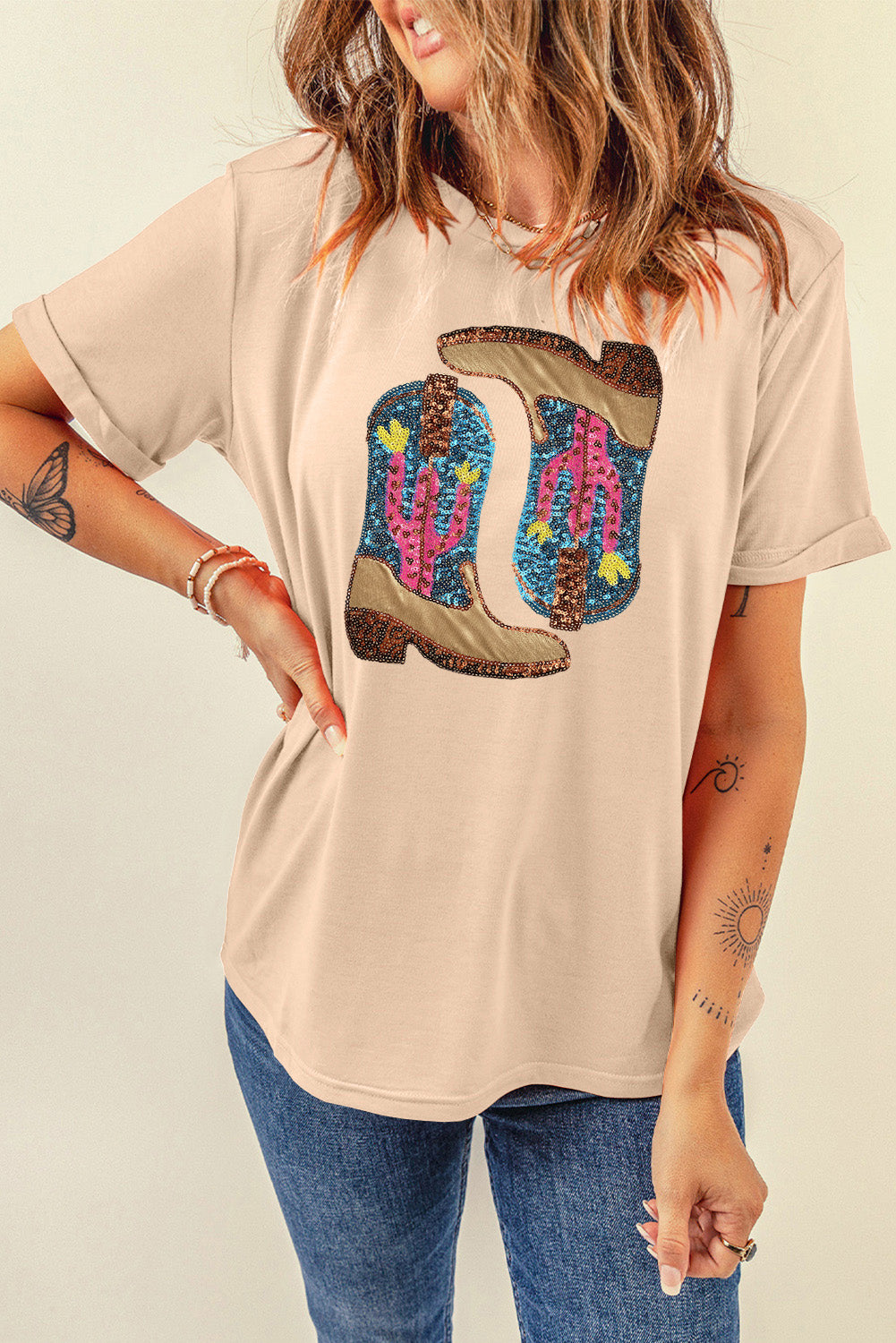 Sequined Boots Graphic Crew Neck Tee