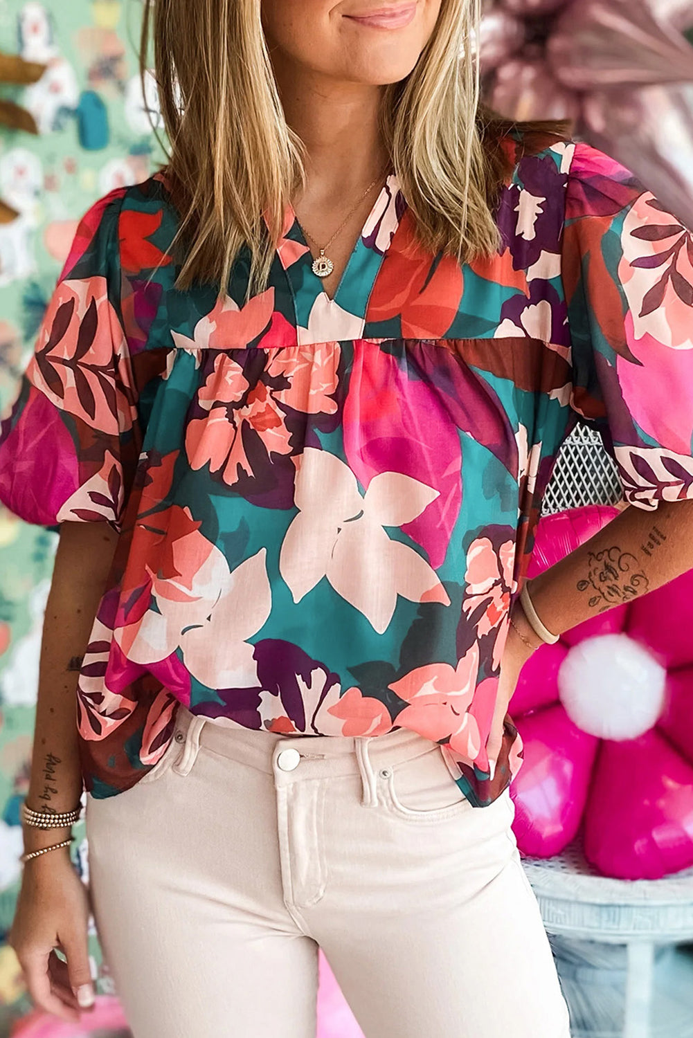 Floral Print V-Neck Lantern Sleeve Blouse