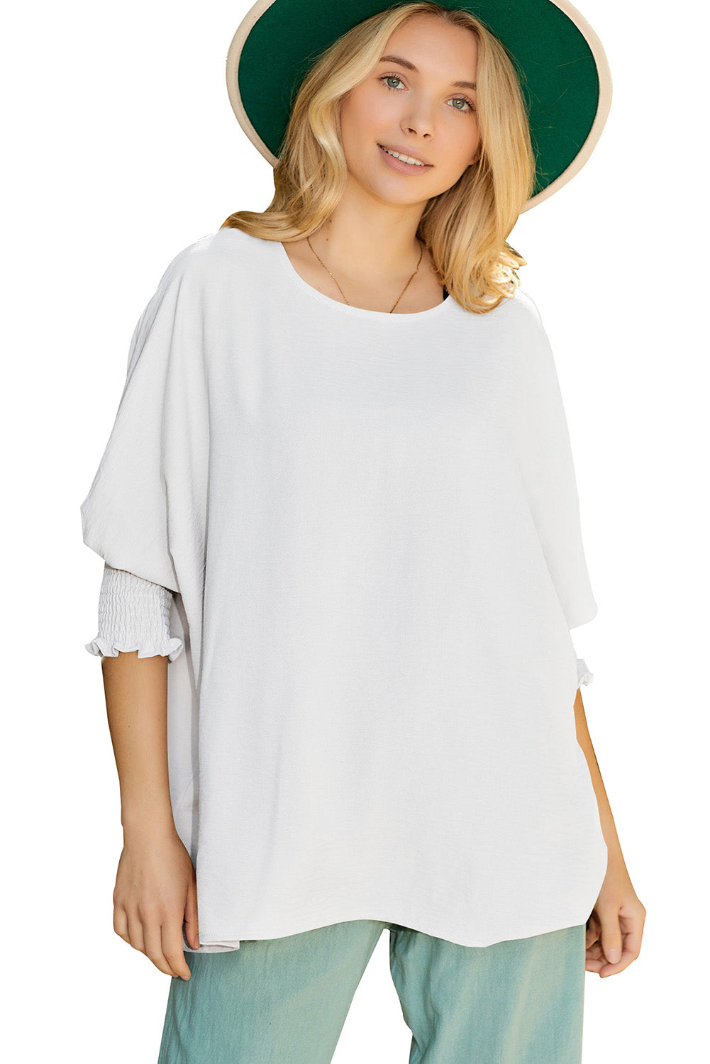 Solid Casual Smocked Cuffs Batwing Sleeve Blouse