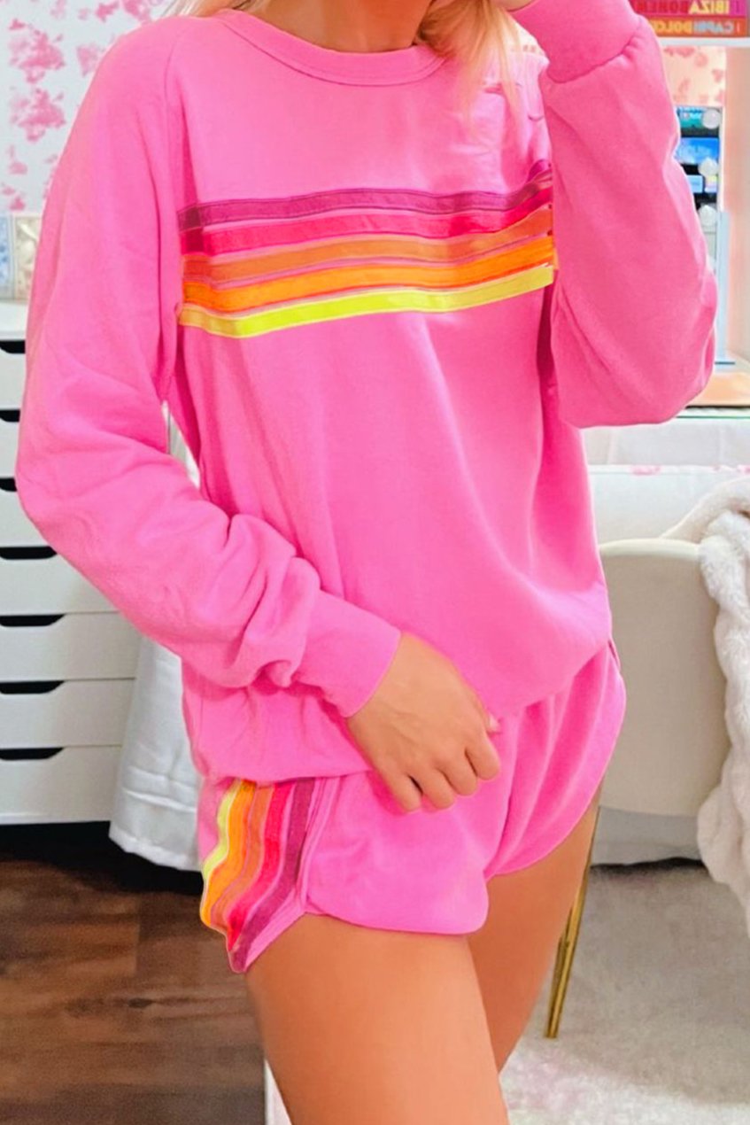 Retro Striped Long Sleeve Pullover and Shorts Set