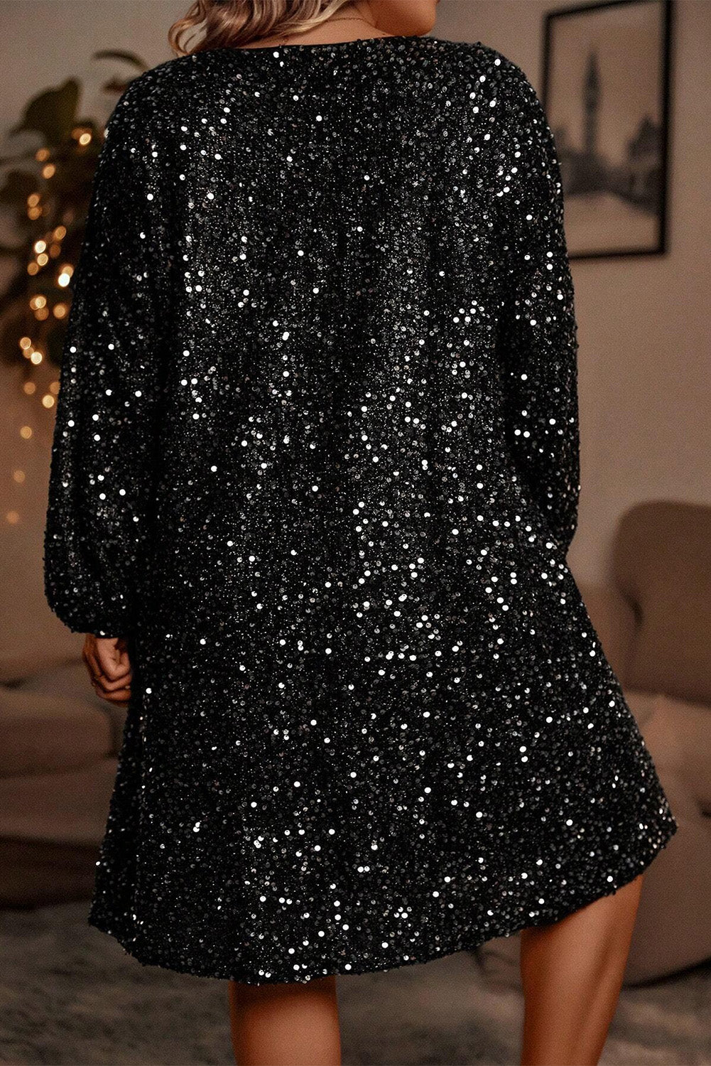 Plus Size Bubble Sleeve Sequin Dress