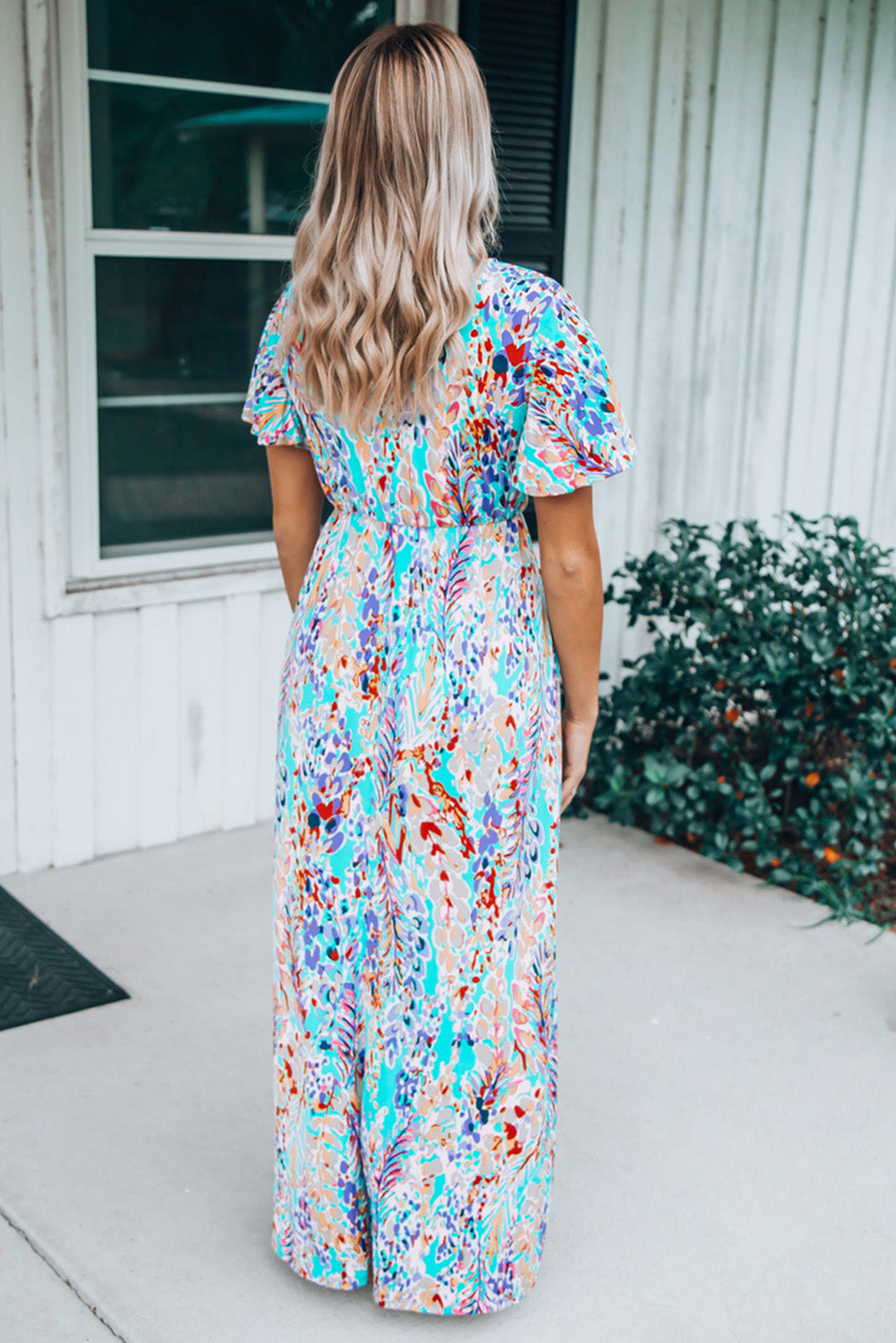 Botanic Print Wrap V Neck Short Sleeve Maxi Dress