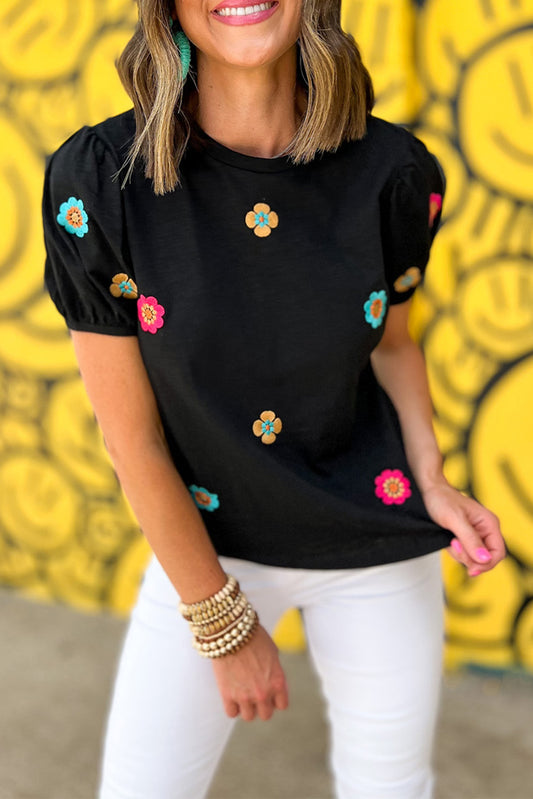 Embroidered Flower Short Puff Sleeve Tee