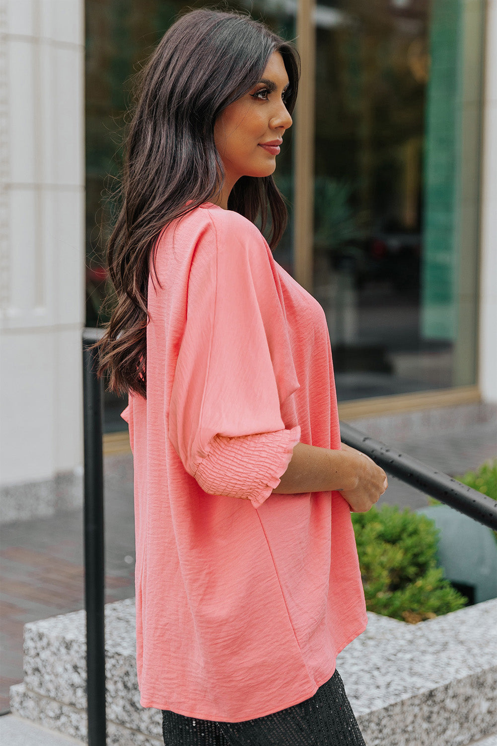 Solid Casual Smocked Cuffs Batwing Sleeve Blouse