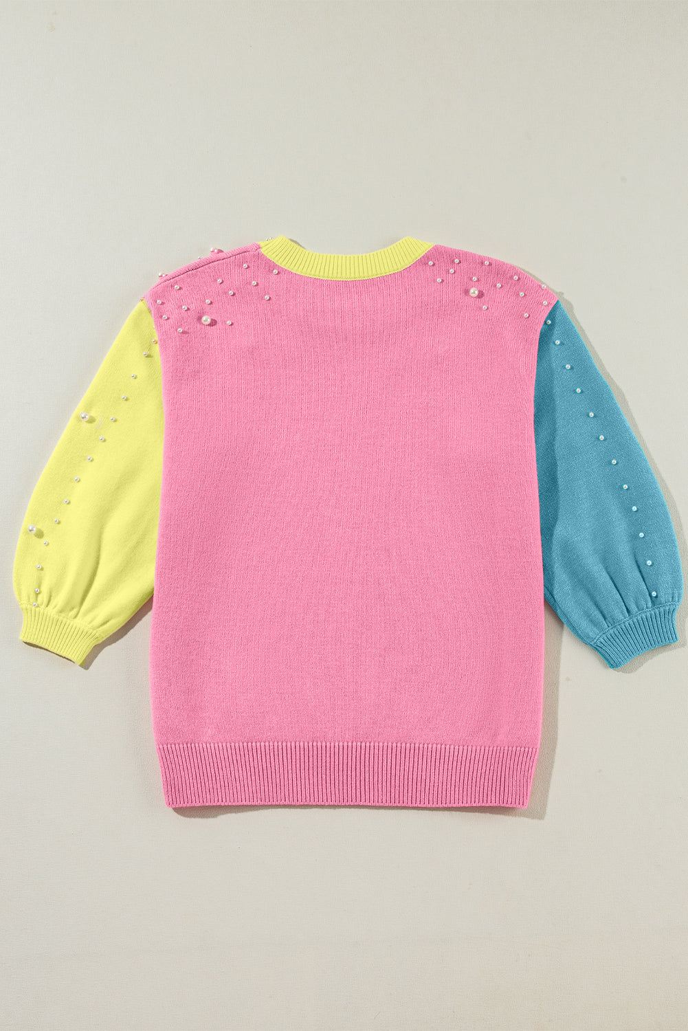 Color Block Pearl Detail Half Sleeve Knit Top