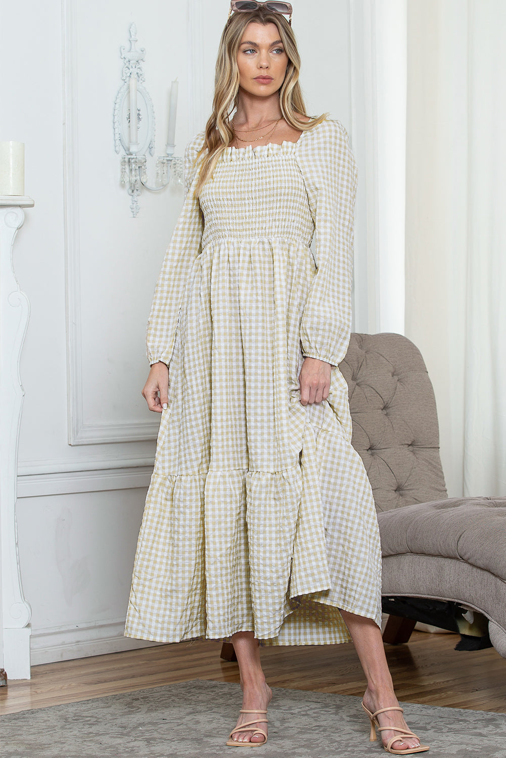 Plaid Ruffled Square Neck Smocked Tiered Maxi Dress