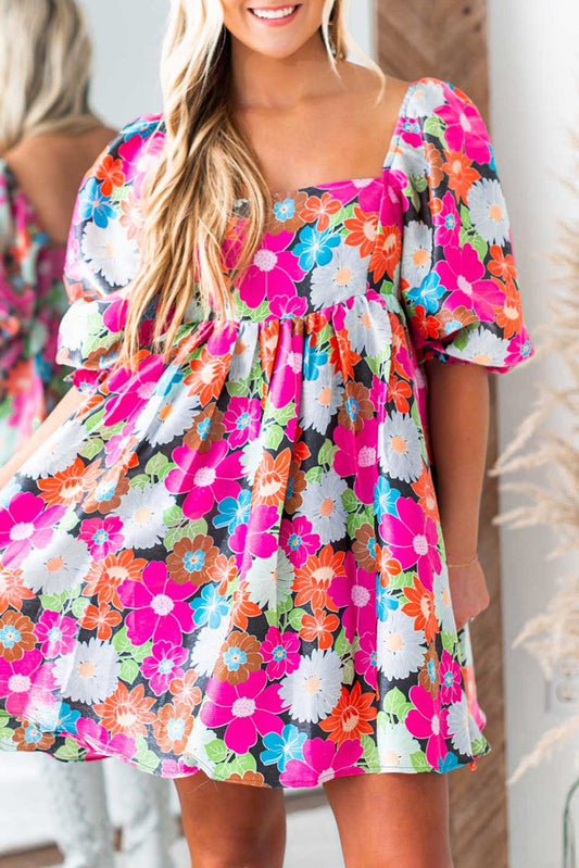 Bright Floral Print Square Neck Dress