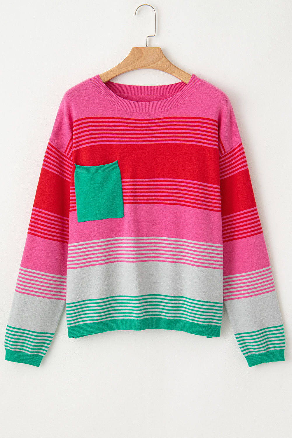 Striped Pocket Drop Shoulder Knit Sweater