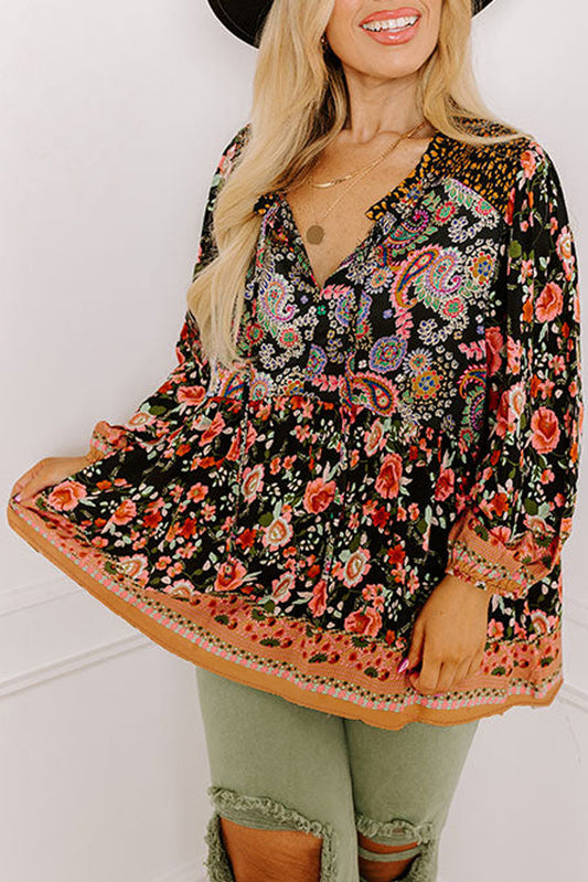 Plus Size Paisley Bubble Sleeve Blouse