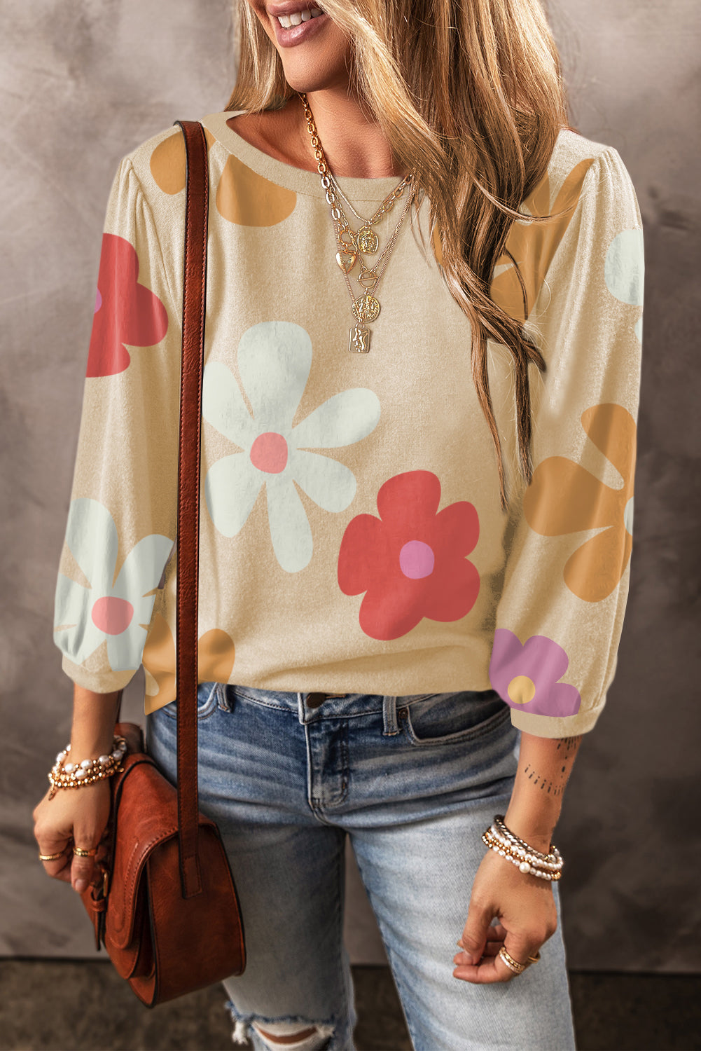 Flower Print Ruched Bracelet Sleeve Top