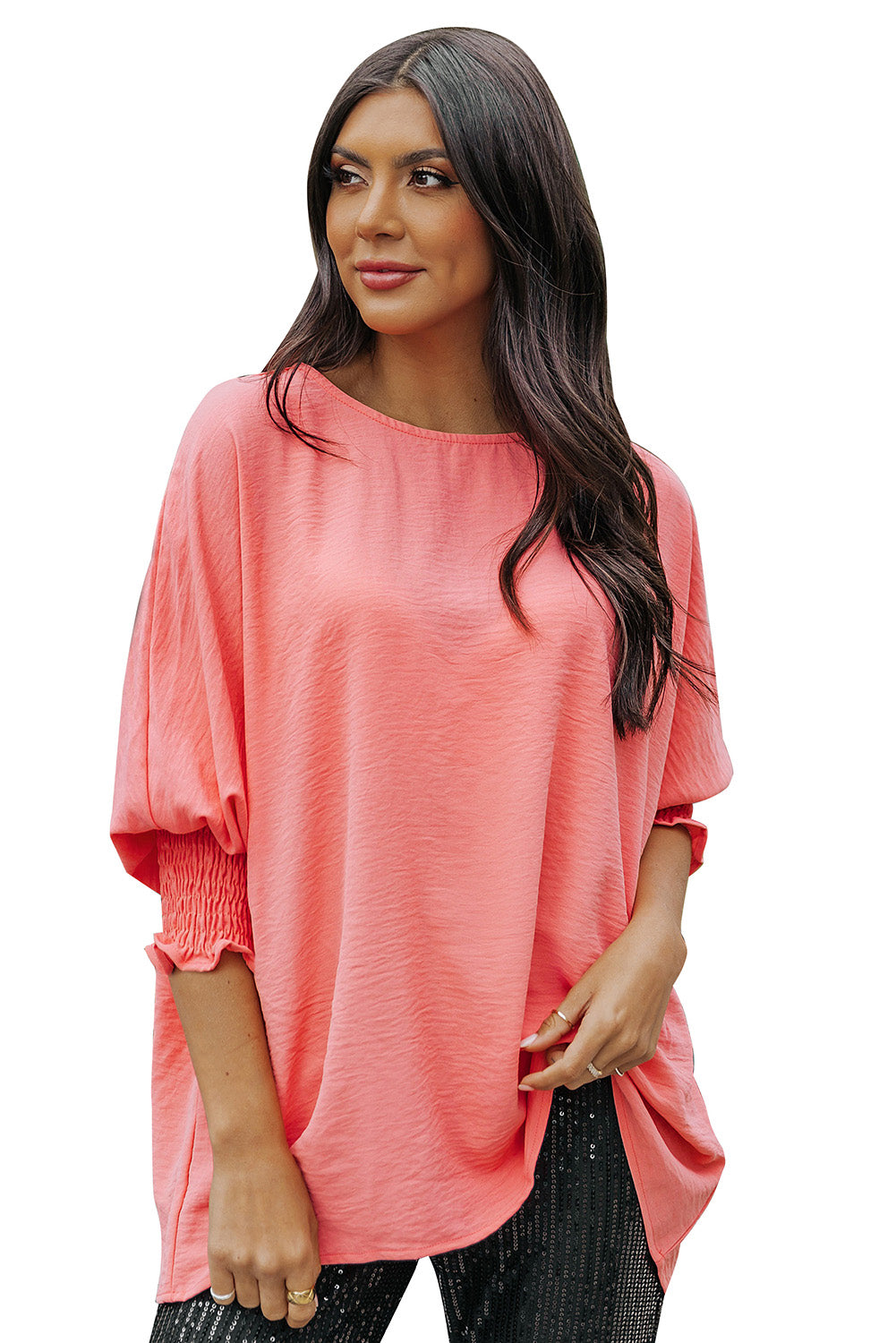 Solid Casual Smocked Cuffs Batwing Sleeve Blouse