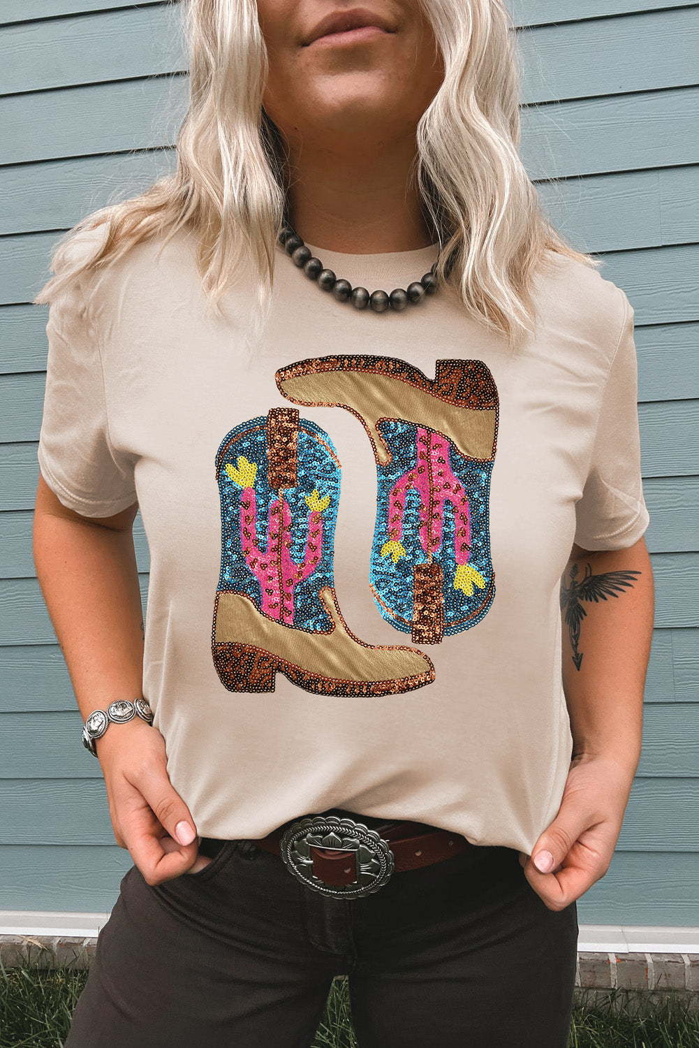 Sequined Boots Graphic Crew Neck Tee