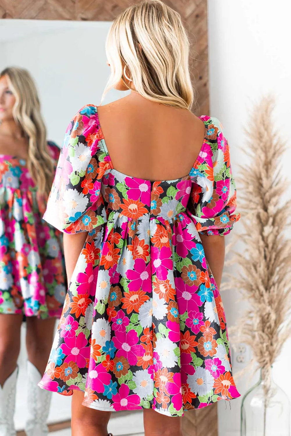 Bright Floral Print Square Neck Dress