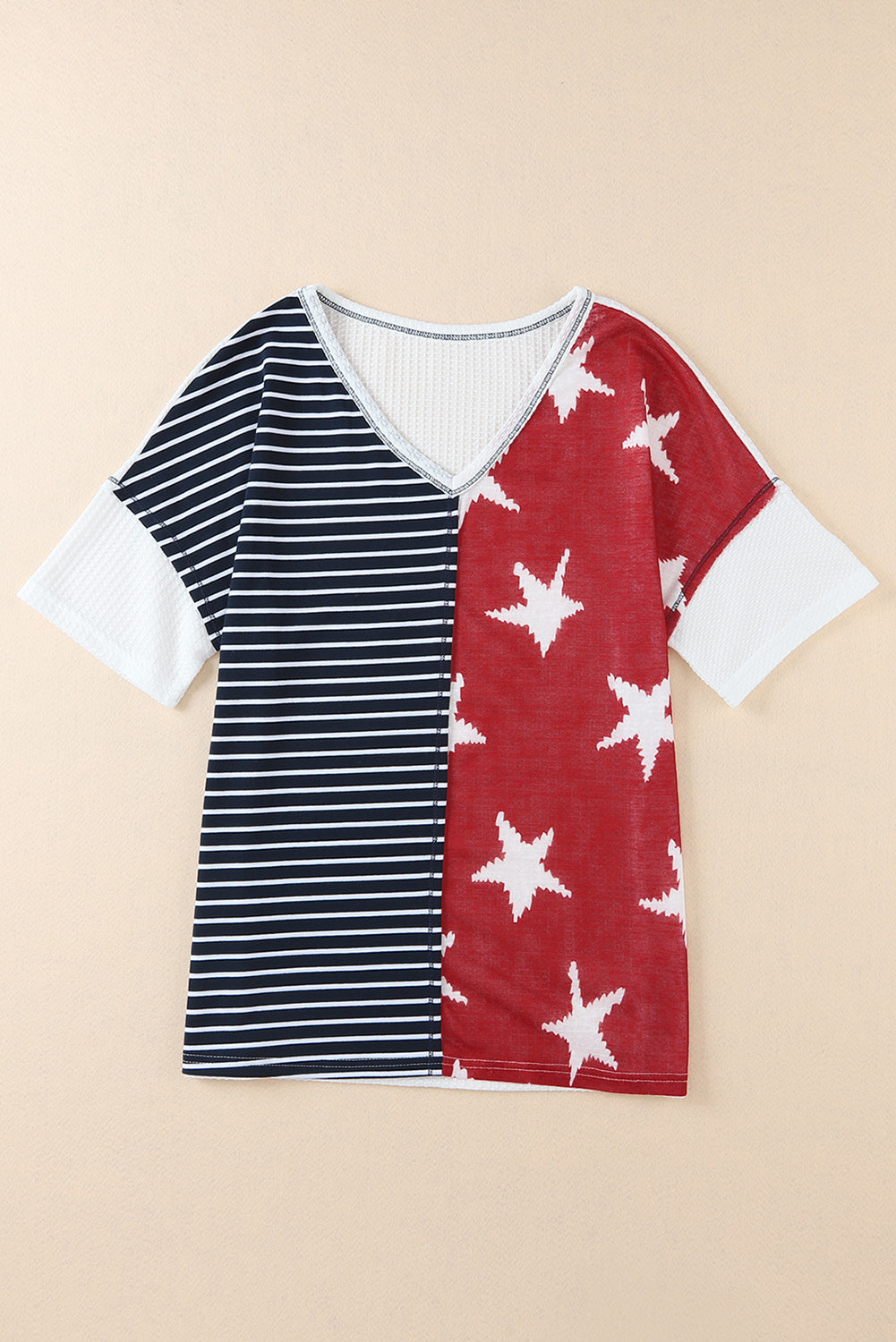 Dark Blue Stripes Stars Knit V Neck Short Sleeve Top