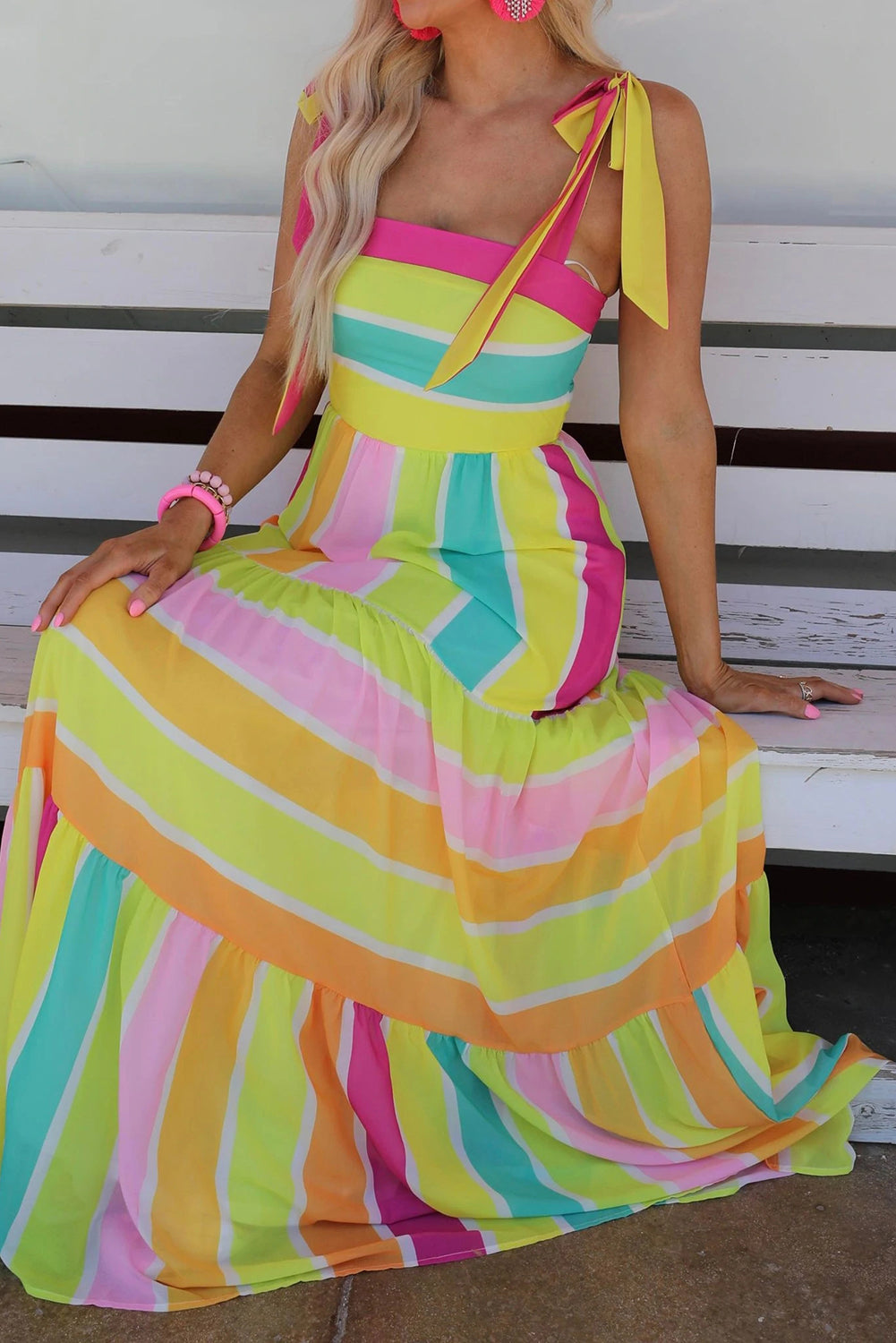 Multicolor Striped Bow Knot Straps Maxi Dress