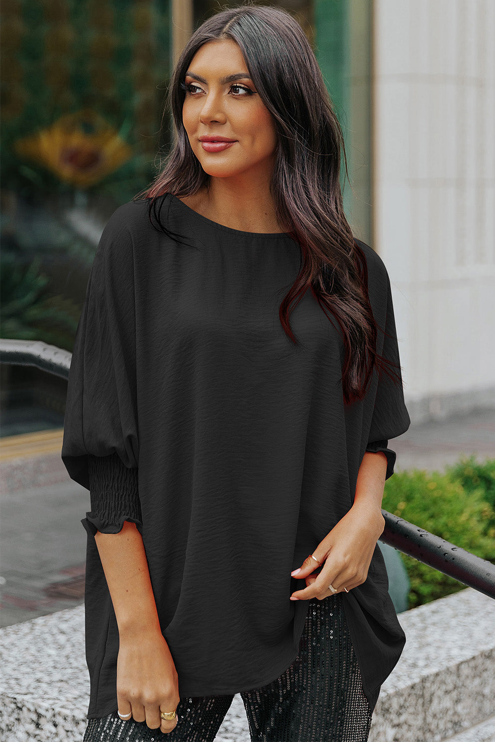 Solid Casual Smocked Cuffs Batwing Sleeve Blouse