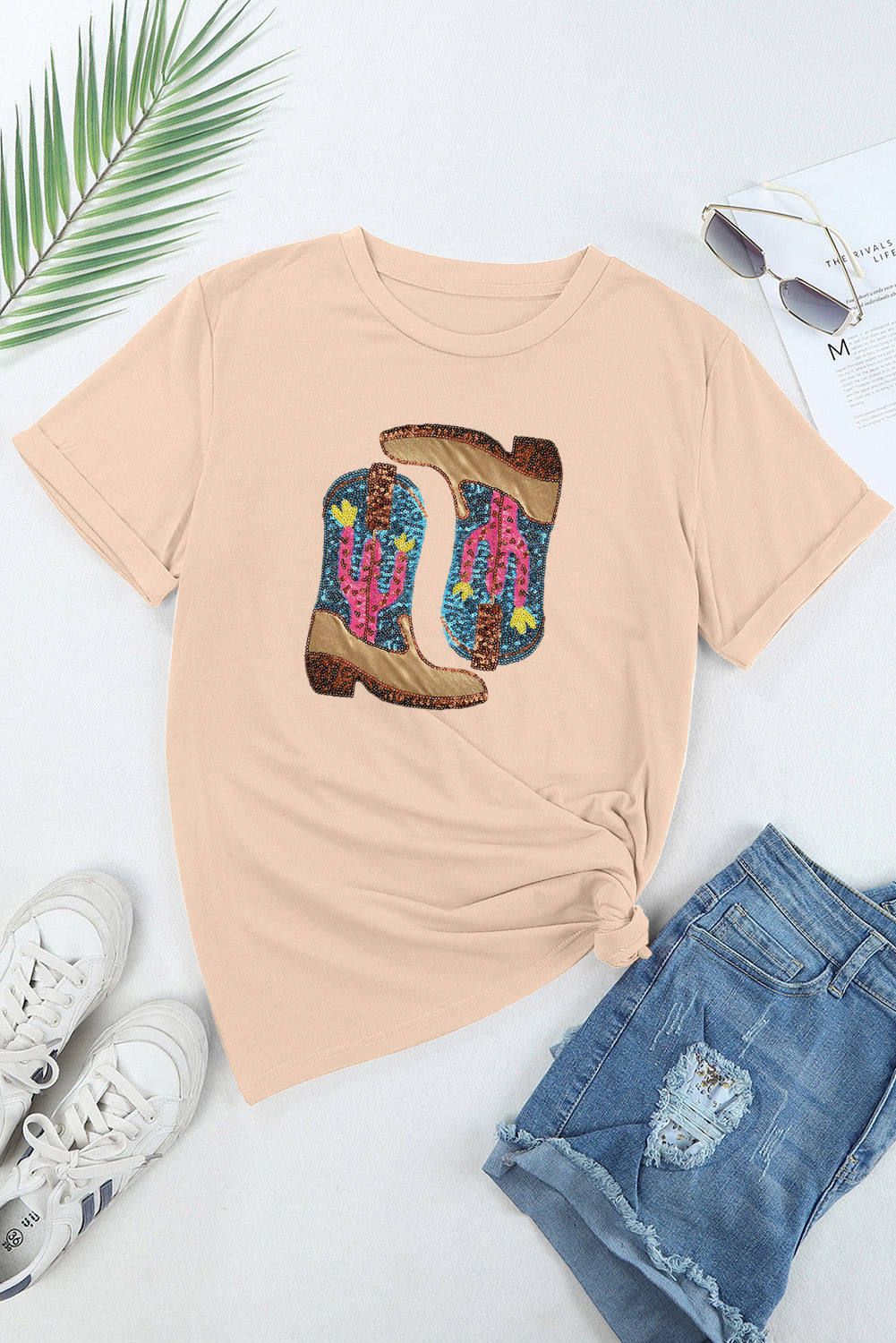 Sequined Boots Graphic Crew Neck Tee