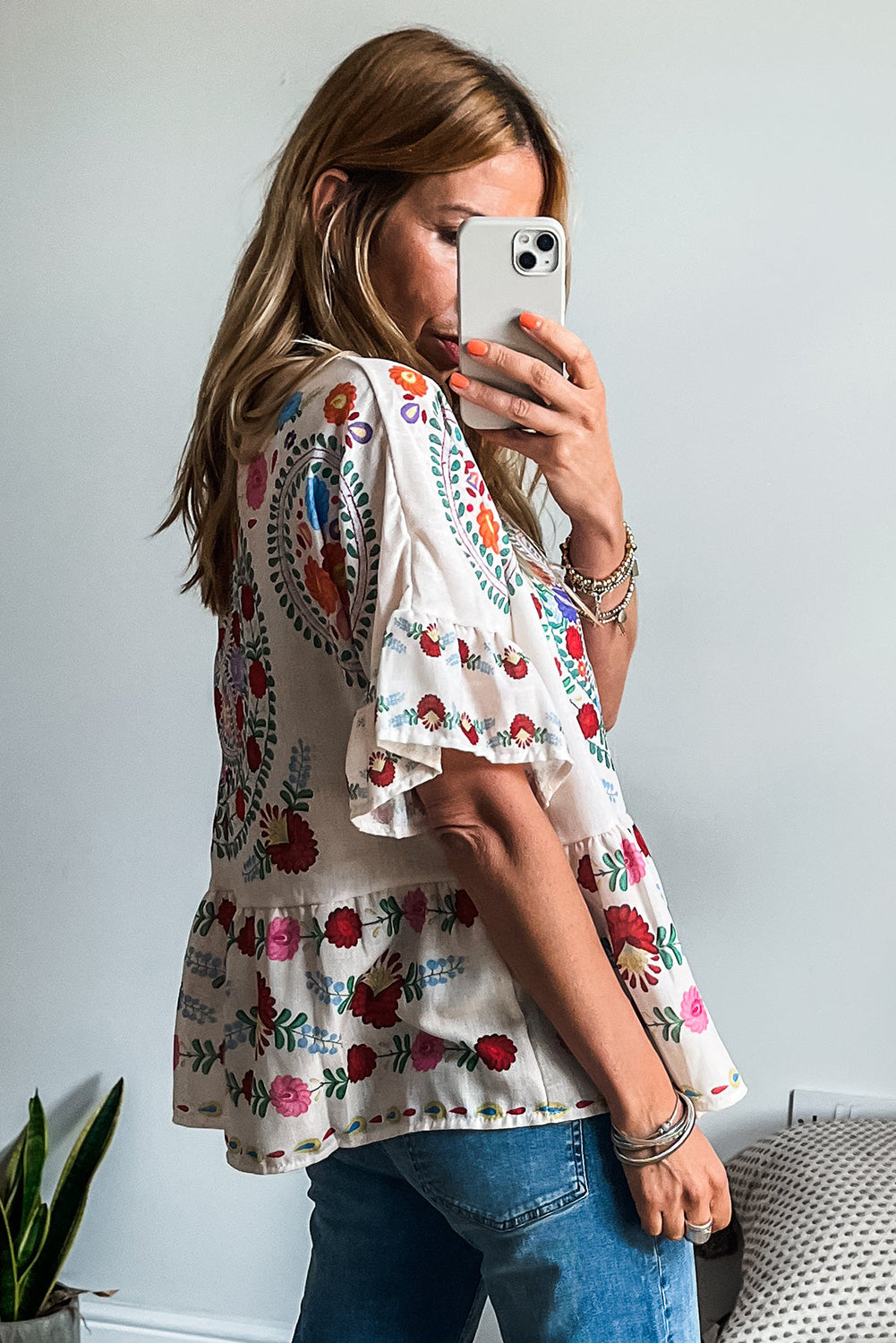 Boho Floral Bell Sleeve Blouse