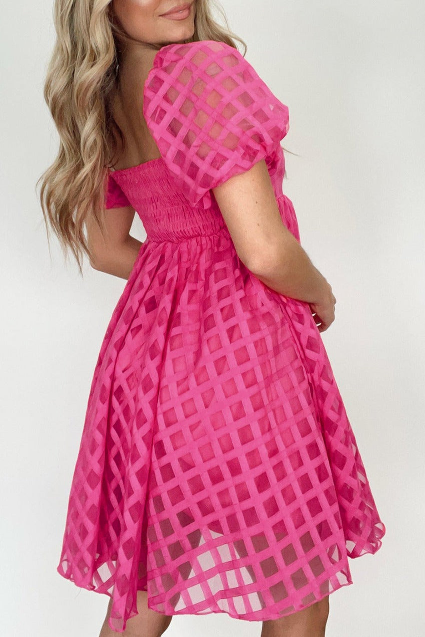 Pink Checkered Puff Sleeve Babydoll Dress