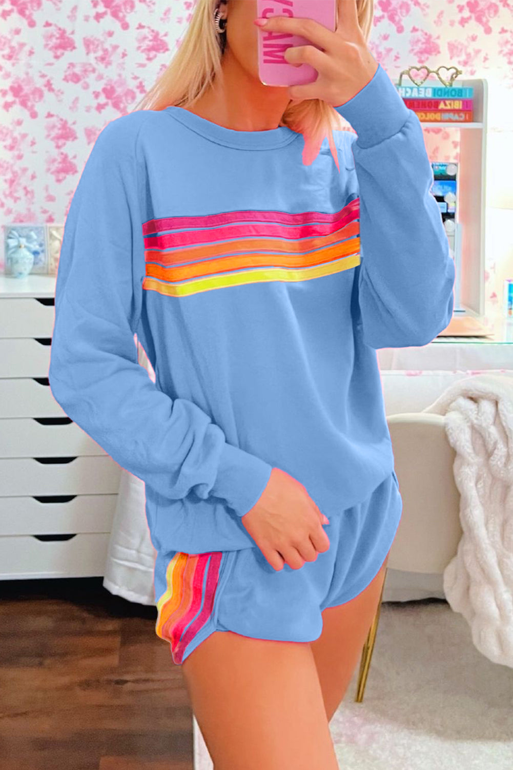 Retro Striped Long Sleeve Pullover and Shorts Set