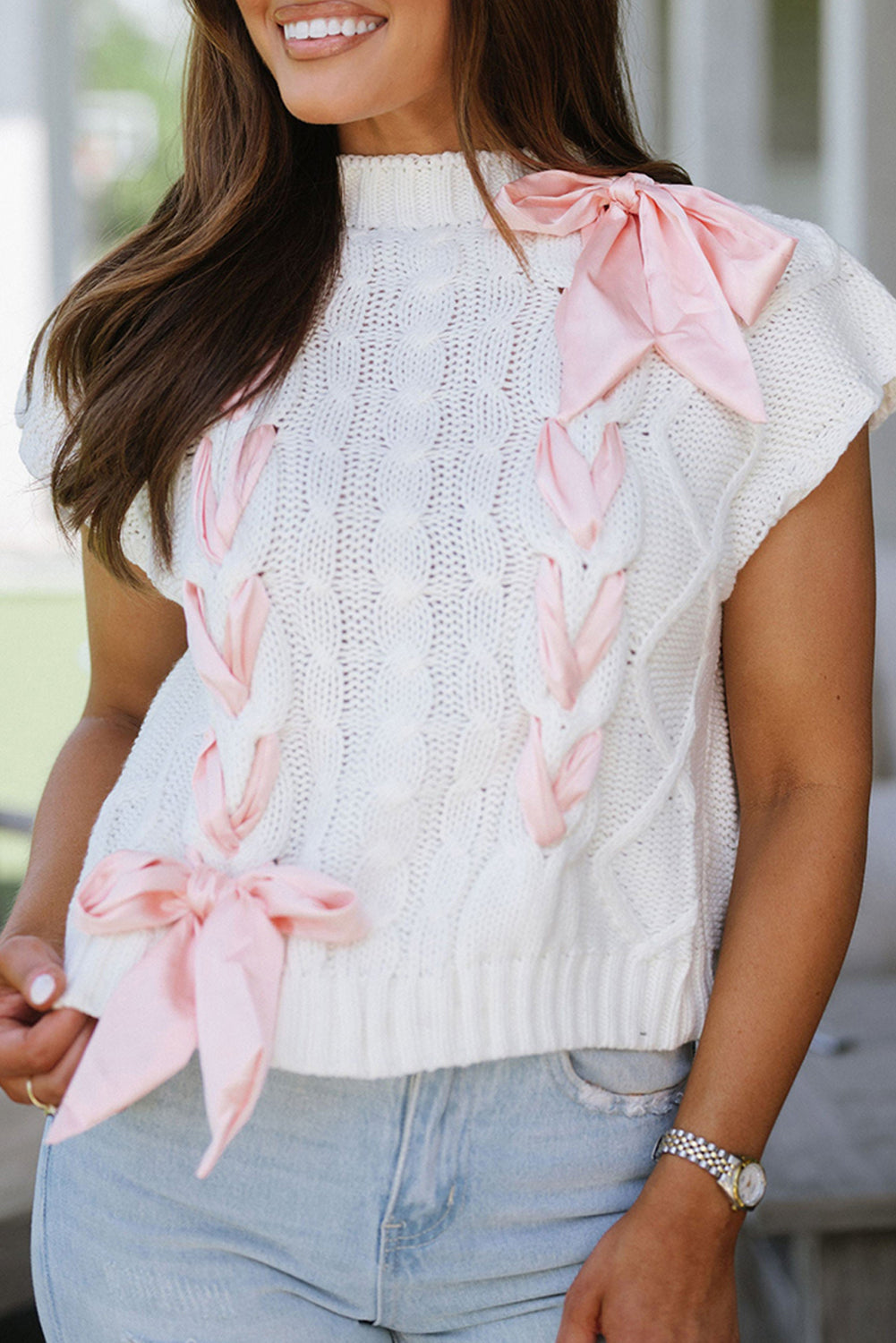 Sweet Satin Bow Cable Knit Top