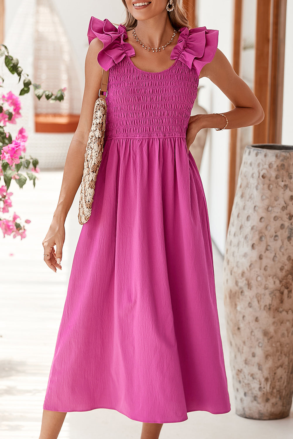 Rose Ruffle Strap Smocked Maxi Dress