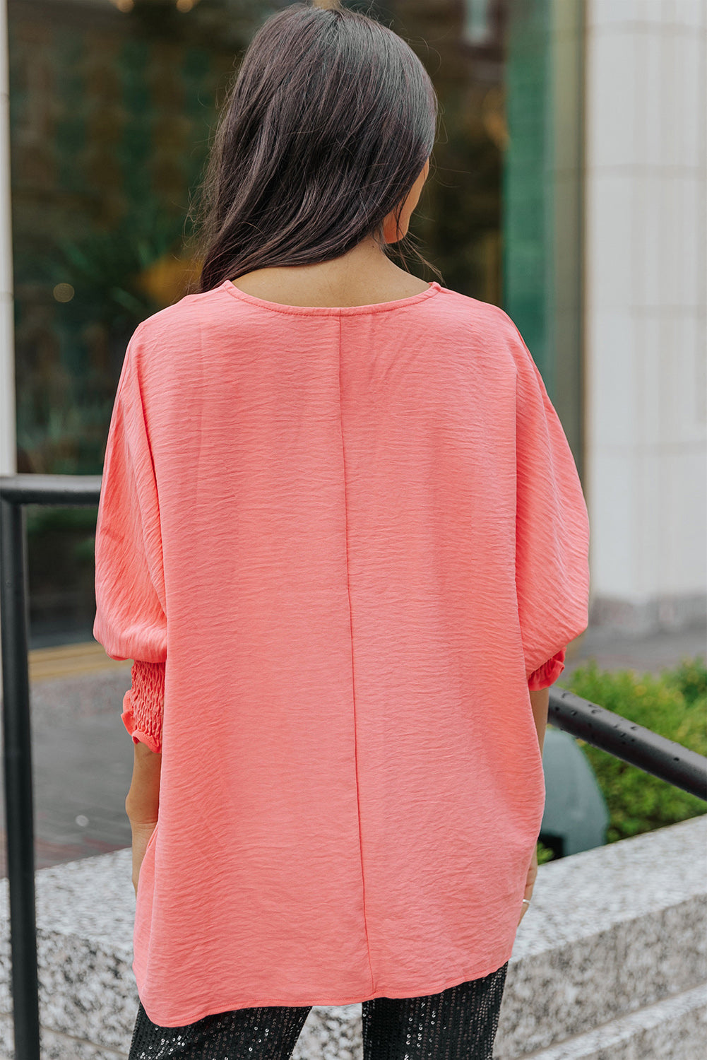 Solid Casual Smocked Cuffs Batwing Sleeve Blouse