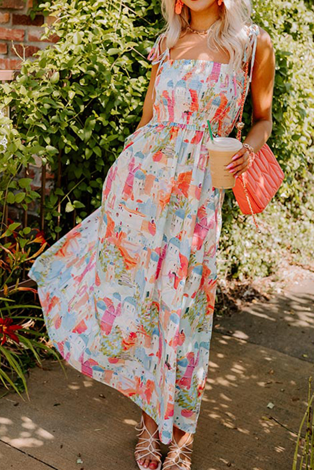 White Fairy Town Print Smocked Sundress