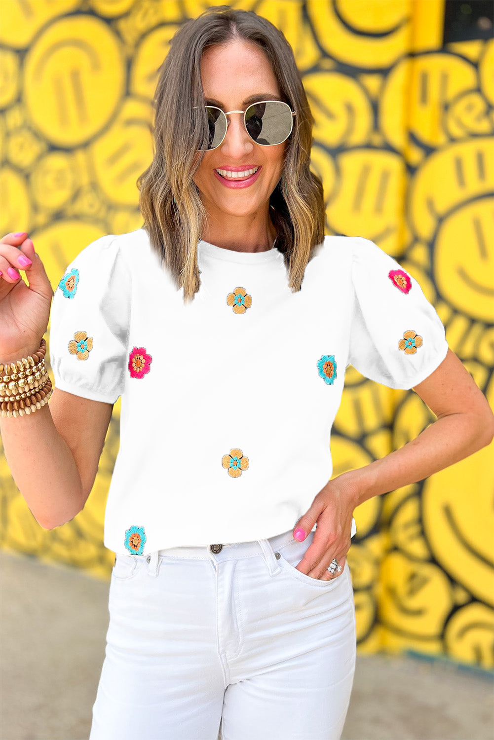 Embroidered Flower Short Puff Sleeve Tee