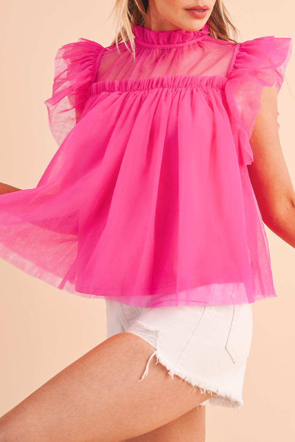 Pink Ruffle Trim Mesh Layered Blouse