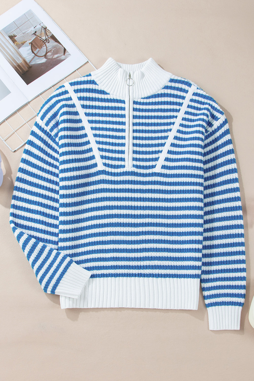 Stripe Zip Up Collar Sweater