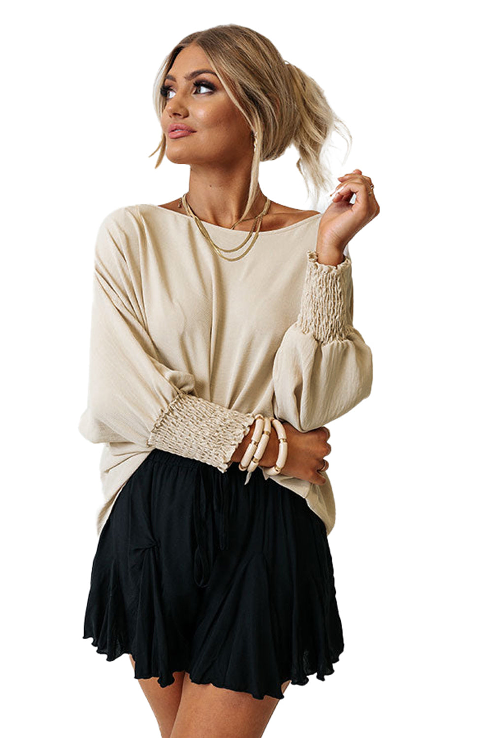 Solid Casual Smocked Cuffs Batwing Sleeve Blouse