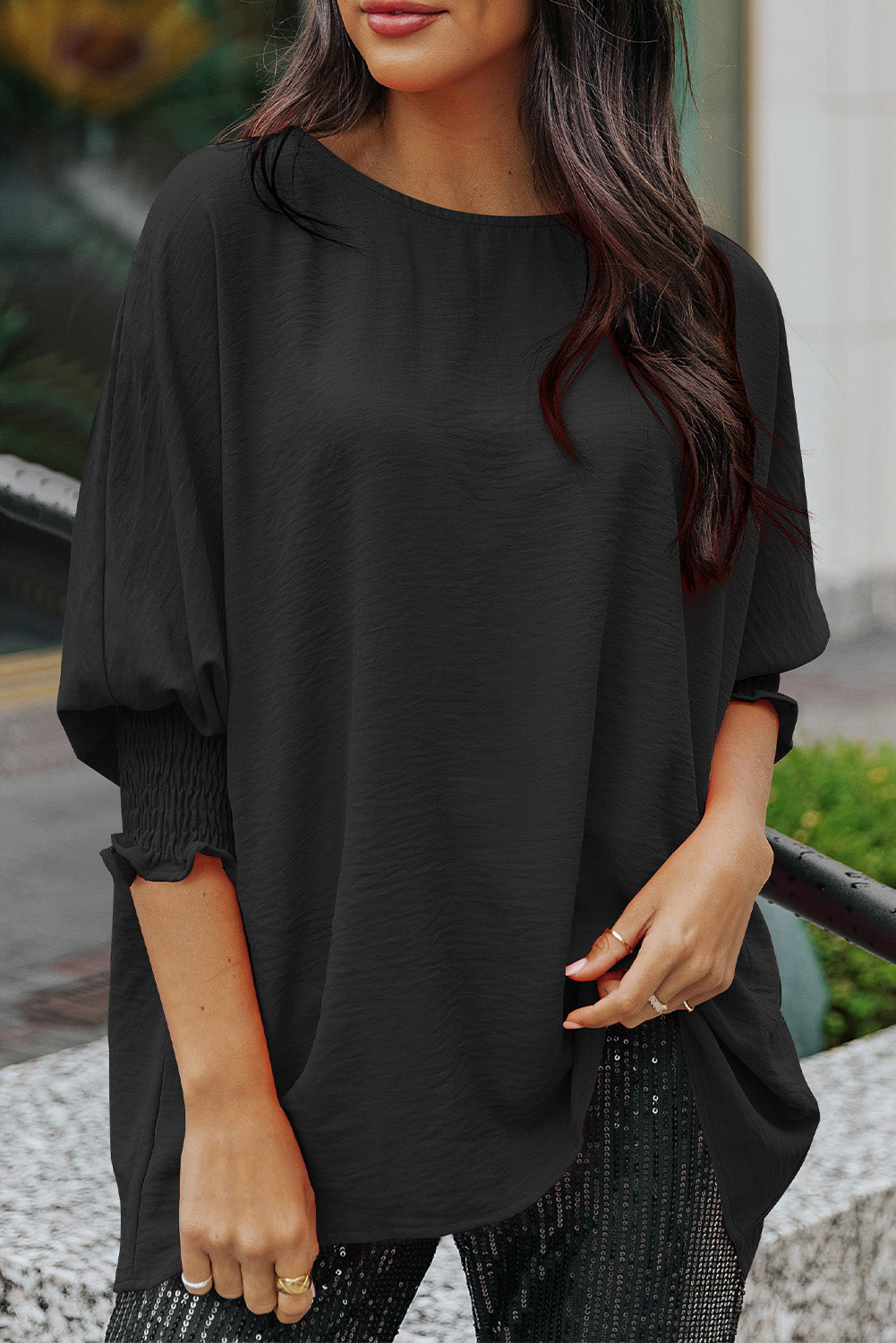 Solid Casual Smocked Cuffs Batwing Sleeve Blouse