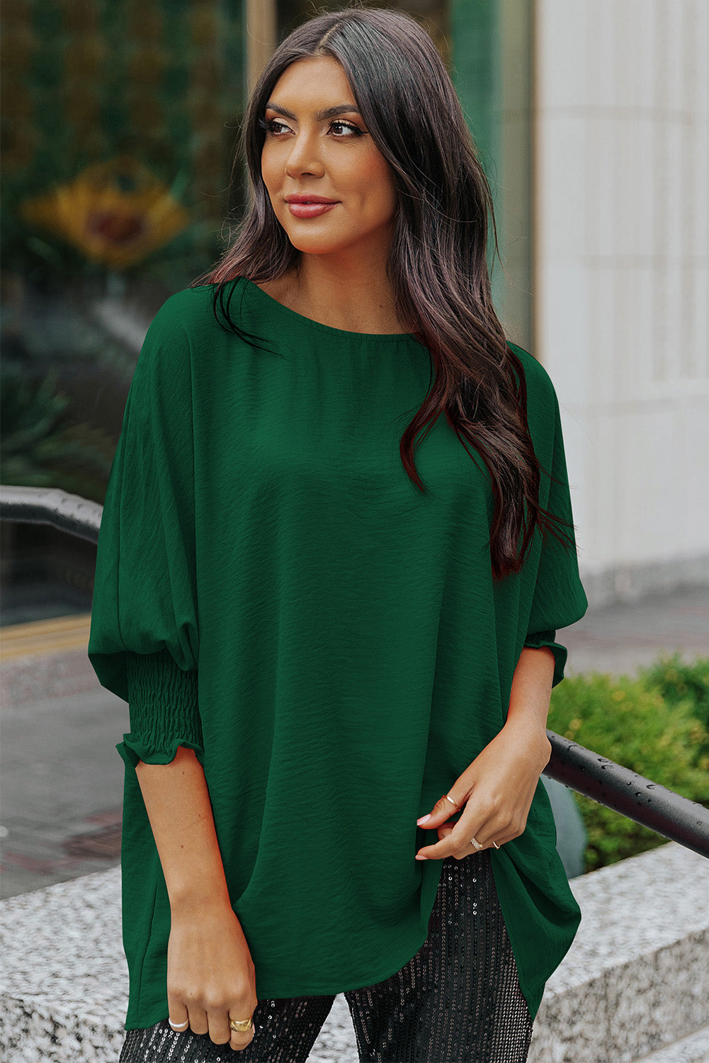 Solid Casual Smocked Cuffs Batwing Sleeve Blouse