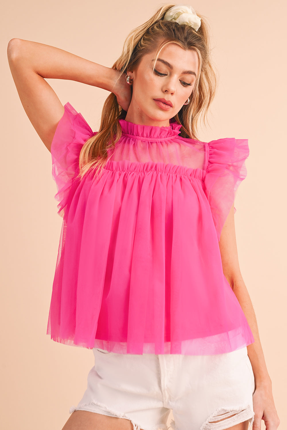 Pink Ruffle Trim Mesh Layered Blouse