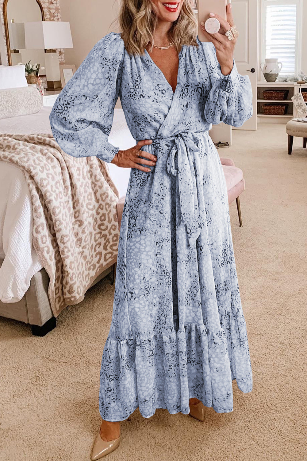 V-Neck Bubble Sleeve Sash Maxi Dress