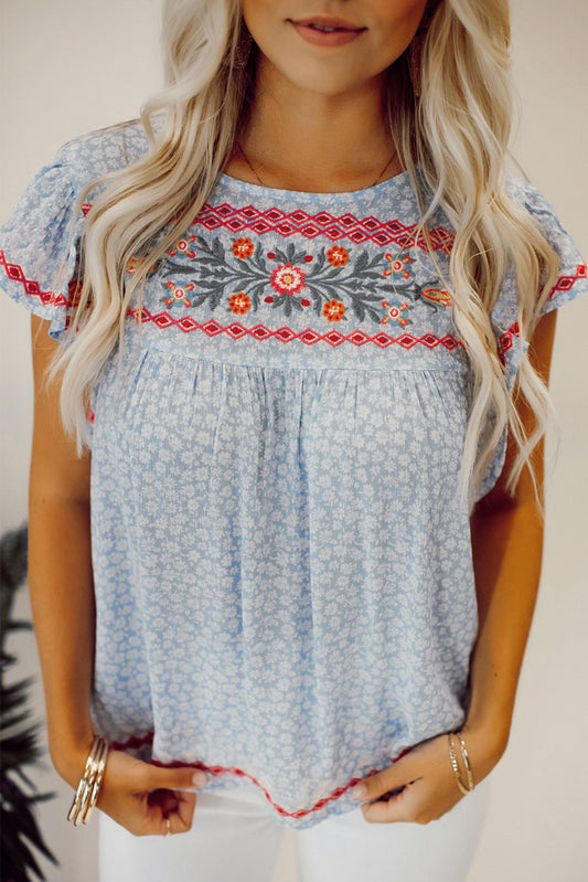 Boho Embroidered Flutter Sleeve Blouse