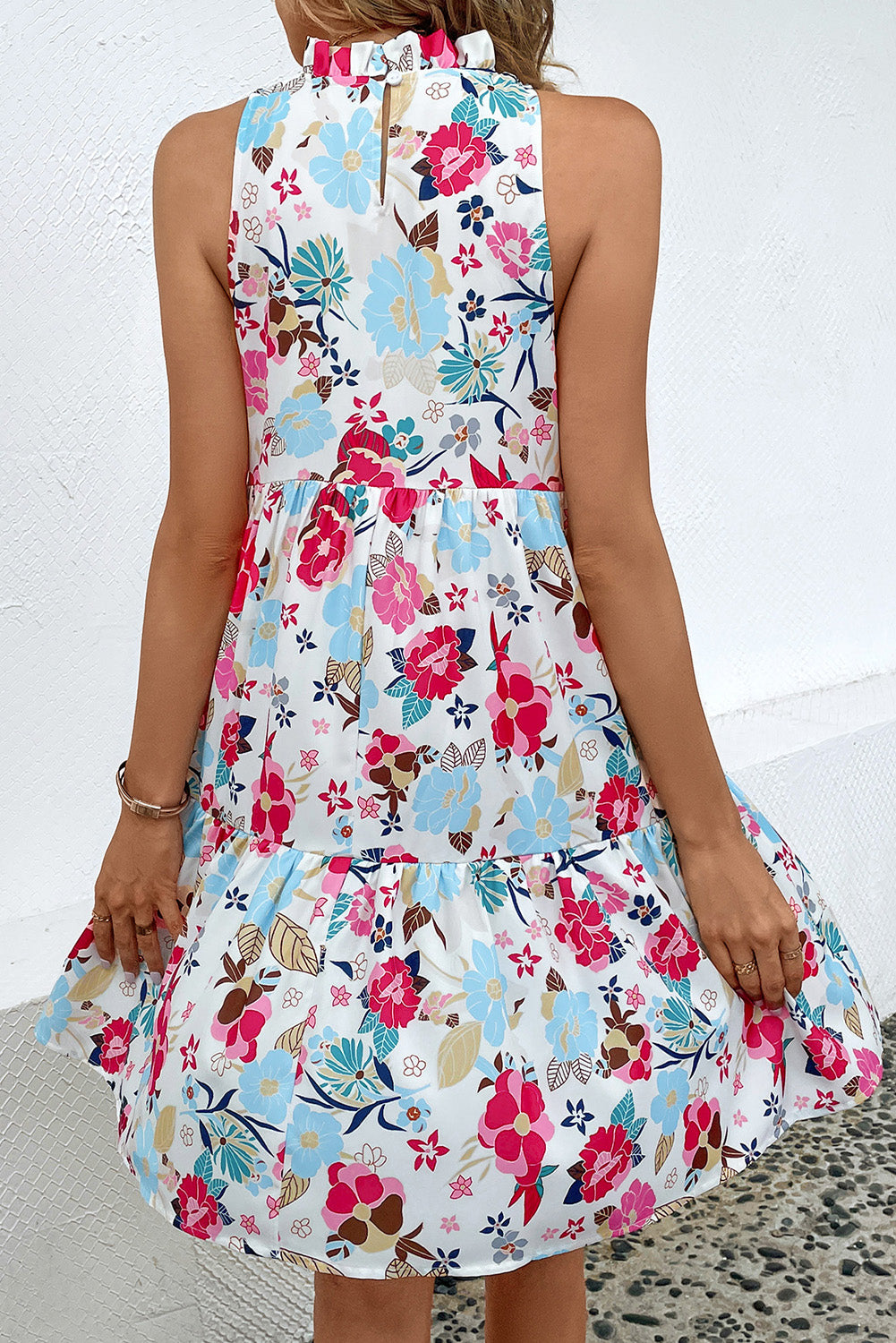 Mock Neck Sleeveless Tiered Floral Dress