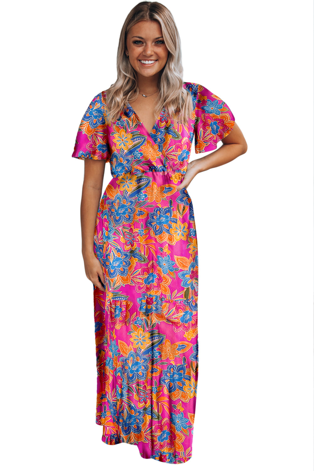 Botanic Print Wrap V Neck Short Sleeve Maxi Dress