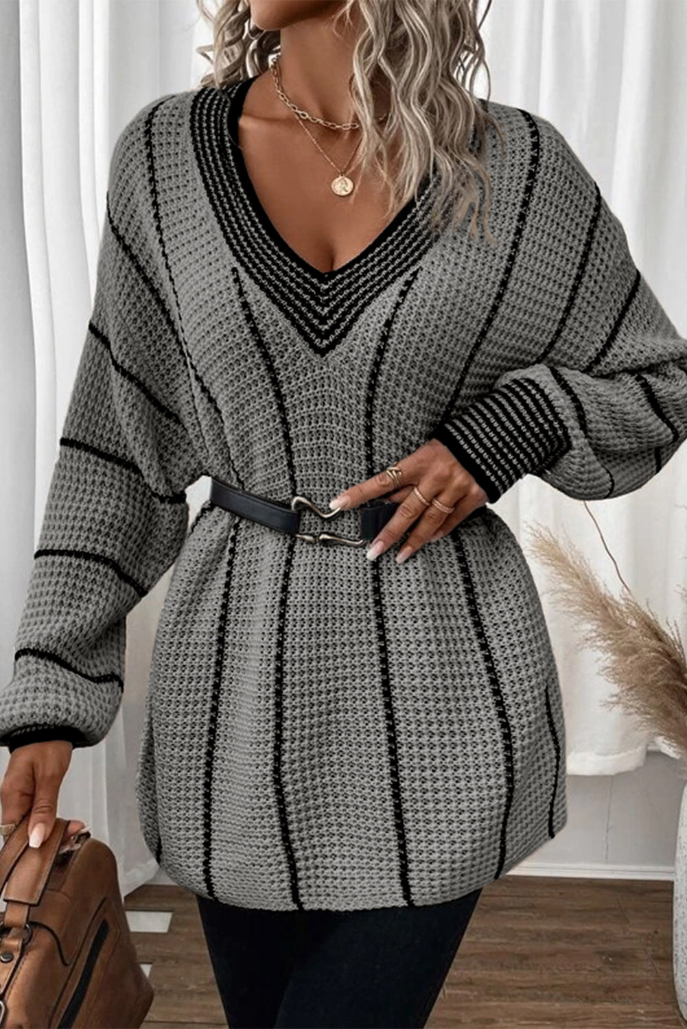 Contrast V Neck Loose Tunic Sweater