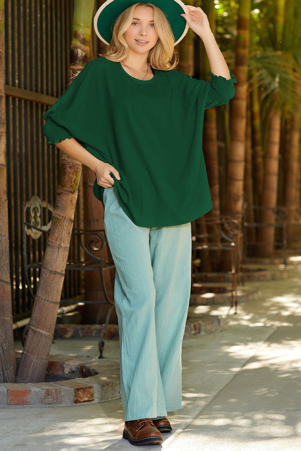 Solid Casual Smocked Cuffs Batwing Sleeve Blouse